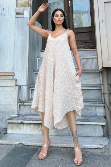 Kadın Bej İp Askılı, Asimetrik Kesim, Dokulu Kumaş, Salaş Tulum