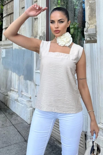 Kadın Bej Kalın Askılı, Kare Yaka, Salaş Keten Bluz