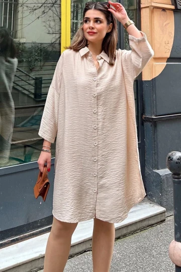 Kadın Bej Katlamalı Yarım Kol, Eteği Oval Kesim, Midi Boy, Salaş Keten Gömlek Elbise