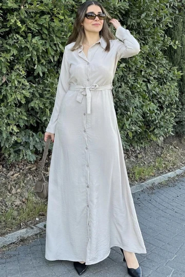 Kadın Bej Kupra Kumaş, Uzun Kol, Beli Kuşaklı, Vucüda Oturan Kalıp, Uzun Gömlek Elbise
