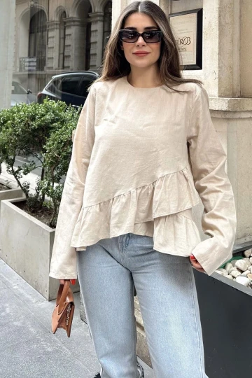 Kadın Bej Önü Fırfırlı, Yuvarlak Yaka, Arkası Uzun Pamuklu Salaş Bluz