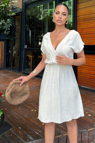 Kadın Bej Sırt Dekolteli, Kruvaze Yaka, Beli Lastikli, Kısa Kollu, Rahat Midi Keten Elbise