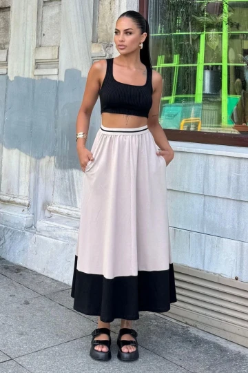 Kadın Bej & Siyah Color Block Desen,Beli Şerit Lastikli, Rahat Kalıp, Cepli Uzun Etek