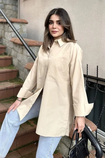 Kadın bej Terikoton Kumaş, Yırtmaçlı, Rahat Uzun Gömlek