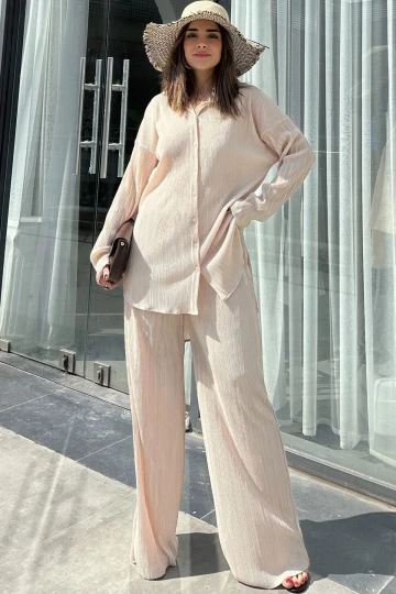 Kadın Bej Uzun Tunik Gömlek & Beli Lastikli, Bol Paça Pantolon - Salaş Bürümcük Takım