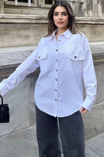 Kadın Beyaz Apolet Ve Zımba Detaylı, Salaş Kesim, Terletmez, Poplin Gömlek