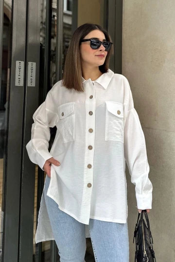 Kadın beyaz Balon Kol, Pileli, Yırtmaçlı, Oversize, Keten Tunik Gömlek