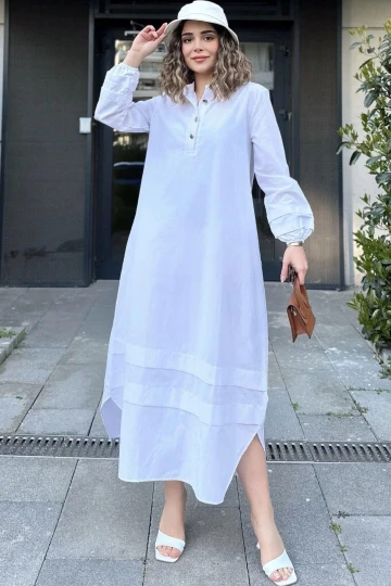 Kadın Beyaz Hakim Yaka, Lastikli Balon Kol, Etek Ve Kolu Kat Kumaş Dikişli, Uzun Salaş Elbise