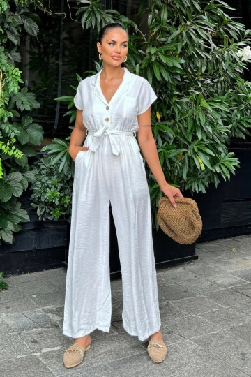 Kadın Beyaz Keten/Airobin Kumaş, Rahat Kesim, Cepli, Yarım Patlı, Kemerli/Kuşaklı Tulum