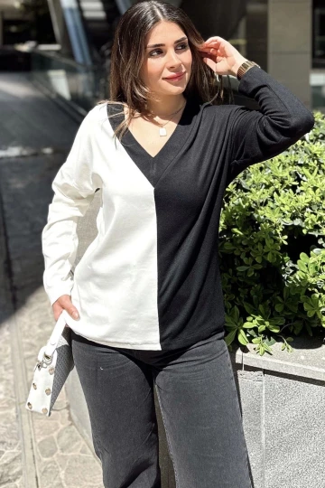 Kadın Beyaz & Siyah Blok Renkli, V Yaka, Uzun Kollu, Pamuklu Salaş Bluz