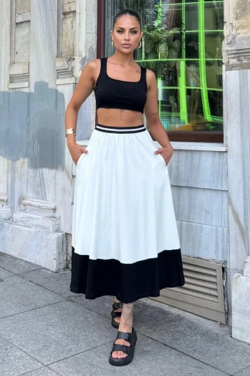 Kadın Beyaz & Siyah Color Block Desen,Beli Şerit Lastikli, Rahat Kalıp, Cepli Uzun Etek