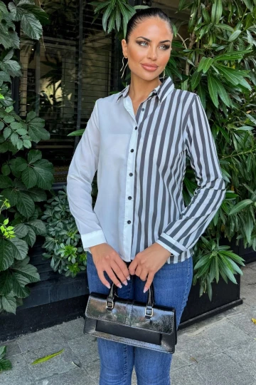 Kadın Beyaz & Siyah İki Renkli Çizgili, Uzun Kol,Regular Kesim Gömlek