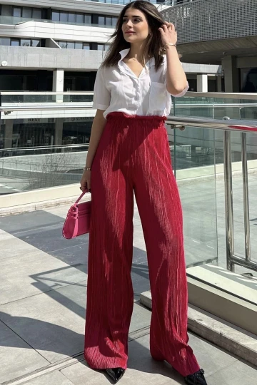 Kadın Bordo Beli Lastikli, Yüksel Bel, Salaş Kesim, Bol Paça Bürümcük Pantolon