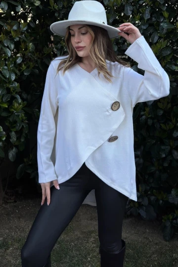 Kadın Ekru Asimetrik Kesim, Düğmeli, Salaş Hırka Bluz