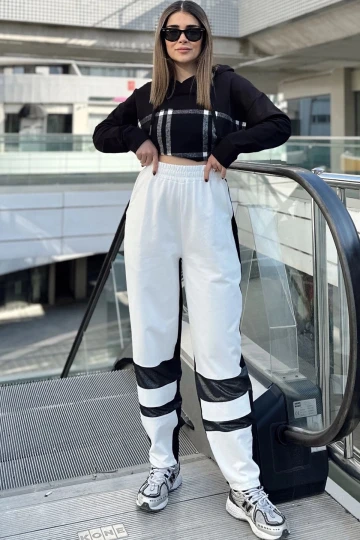 Kadın Ekru Color Block Tasarım, Beli Lastikli, Salaş Eşofman Altı