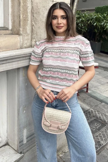 Kadın Ekru Kısa Kol, Terletmez, Salaş Kalıp, Triko Örme Bluz