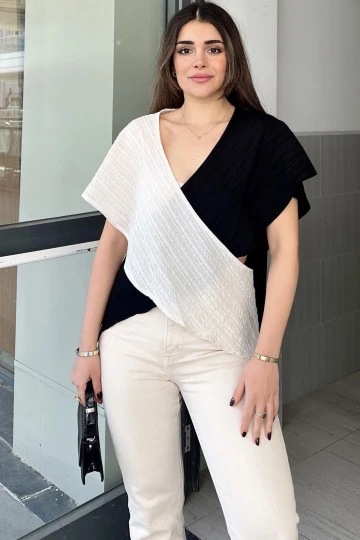 Kadın Ekru & Siyah İki Renkli, Derin V Yaka, Kolsuz, Çapraz Bloklu, Salaş Bluz