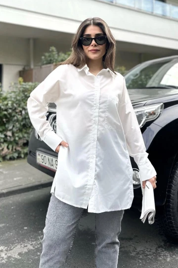 Kadın ekru Terikoton Kumaş, Yırtmaçlı, Rahat Uzun Gömlek