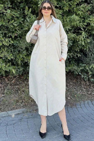 Kadın Ekru Uzun Kol, Eteği Oval Kesim, Uzun Ve Salaş, Poplin Gömlek Elbise