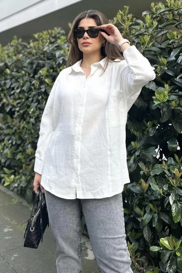 Kadın ekru Yarasa Kol, Cep Detaylı, Salaş Müslin Gömlek