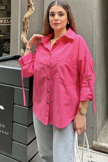Kadın Fuşya Apoletli, Kolları Tokalı, Geniş Cepli, Eteği Oval, Salaş Gömlek
