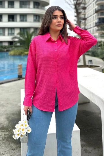 Kadın fuşya Basic Model, Gofre Kumaş, Salaş Gömlek