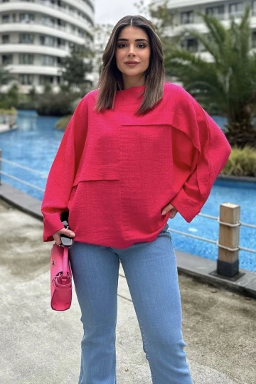 Kadın fuşya Duble Geniş Manşet, Yarasa Kol, Süs Cep Detaylı, Salaş Bluz