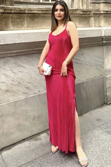 Kadın Fuşya İnce Askılı, V Yaka, Yırtmaç Detaylı, Uzun Pliseli Elbise