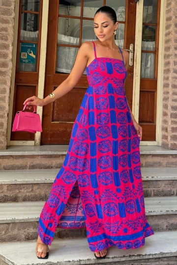 Kadın Fuşya İp Askılı, Straplez Yaka, Yırtmaçlı, Rahat A Kesim, Uzun Elbise