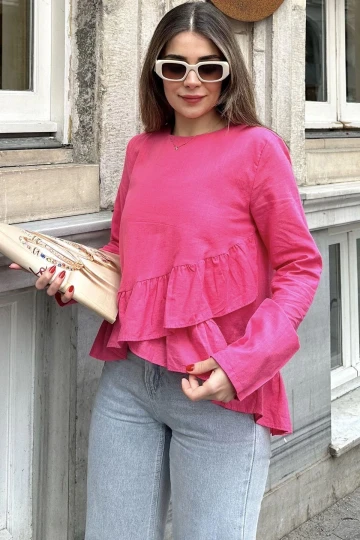 Kadın Fuşya Önü Fırfırlı, Yuvarlak Yaka, Arkası Uzun Pamuklu Salaş Bluz