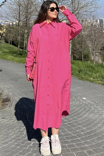 Kadın Fuşya Uzun Kol, Eteği Oval Kesim, Uzun Ve Salaş, Poplin Gömlek Elbise