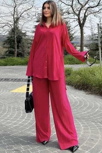 Kadın Fuşya Uzun Tunik Gömlek & Beli Lastikli, Bol Paça Pantolon - Salaş Bürümcük Takım