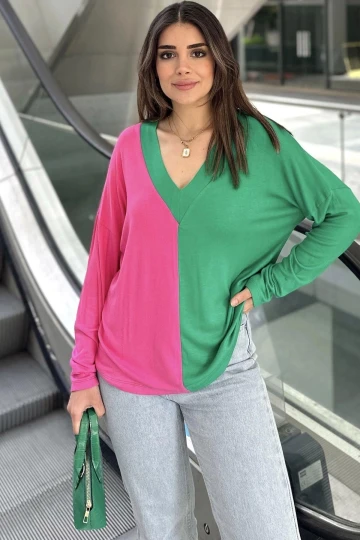 Kadın Fuşya & Yeşil Blok Renkli, V Yaka, Uzun Kollu, Pamuklu Salaş Bluz