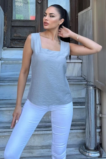 Kadın Gri Kalın Askılı, Kare Yaka, Salaş Keten Bluz