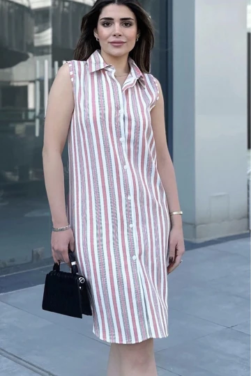 Kadın Gül Kurusu Çizgili Desen, İthal Kumaş, Kolsuz, Rahat Kesim, Midi Gömlek Elbise