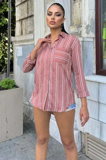 Kadın Gül Kurusu Çizgili Desenli, Uzun Kollu, Rahat Kesim, Dokulu Kumaş Gömlek