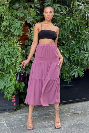 Kadın Gül Kurusu Kat Kumaşlı, Rahat Kesim, Bel Lastikli, Uzun Şifon Etek