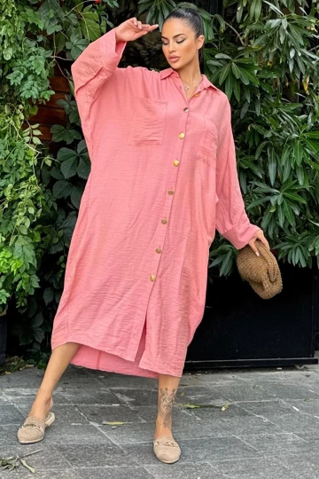 Kadın Gül Kurusu Yarasa Kol, Arkası Pliseli, Çift Cepli, Uzun Oversize Salaş Gömlek Elbise