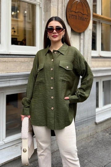 Kadın haki Balon Kol, Pileli, Yırtmaçlı, Oversize, Keten Tunik Gömlek