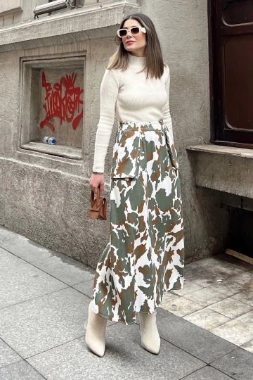 Kadın haki Beli Lastikli, Kargo Cepli, Rahat, Uzun Gabardin Kiloş Etek