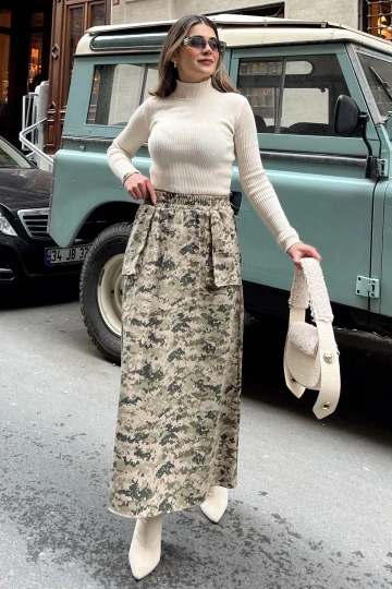 Kadın haki Beli Lastikli, Kargo Cepli, Rahat, Uzun Gabardin Kiloş Etek