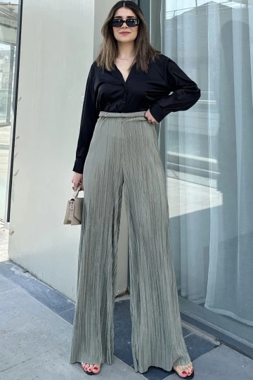 Kadın Haki Beli Lastikli, Yüksel Bel, Salaş Kesim, Bol Paça Bürümcük Pantolon