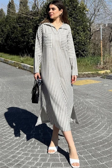 Kadın Haki Çizgili, Polo Yaka, Yırtmaçlı, Çift Cepli, Salaş Keten Elbise