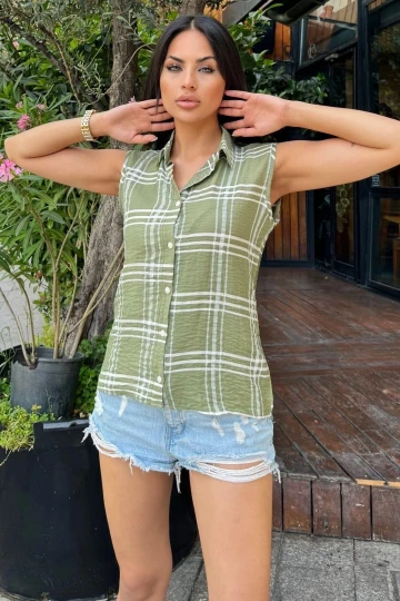 Kadın Haki Ekose Desen, Dokulu Bodrum Kumaş, Kolsuz Rahat Gömlek