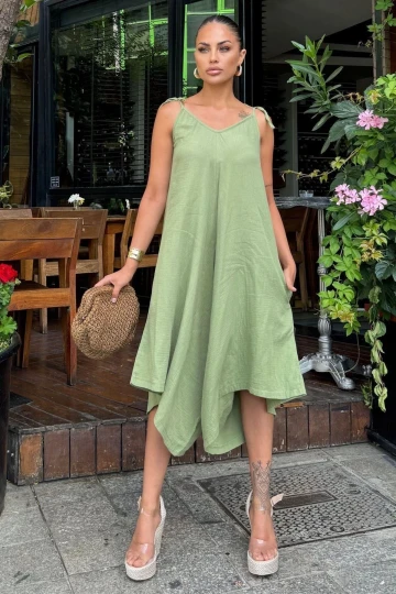 Kadın Haki İthal Müslin Kumaş, İp Askılı, Asimetrik Kesim, Terletmez, Salaş Tulum