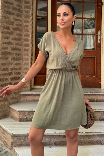 Kadın Haki Sırt Dekolteli, Kruvaze Yaka, Beli Lastikli, Kısa Kollu, Rahat Midi Keten Elbise