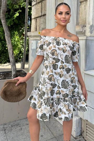 Kadın Haki Tropikal Yaprak Desenli, Omuzları Açık, Ruffle Etekli Yazlık Midi Elbise