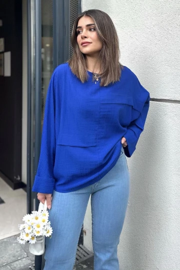 Kadın indigo Duble Geniş Manşet, Yarasa Kol, Süs Cep Detaylı, Salaş Bluz