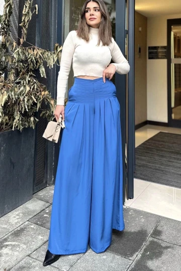 Kadın indigo Fermuar Kapamalı, Cepli, Pileli Bol Paça Etek Pantolon