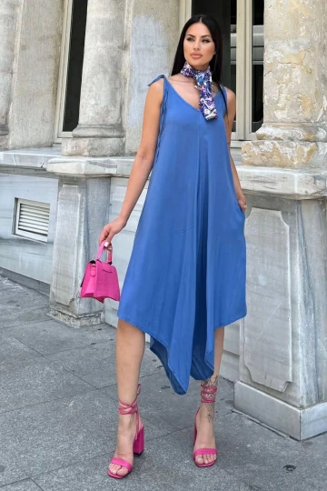 Kadın İndigo İp Askılı, Asimetrik Kesim, Dokulu Terletmez Kumaş, Salaş Tulum